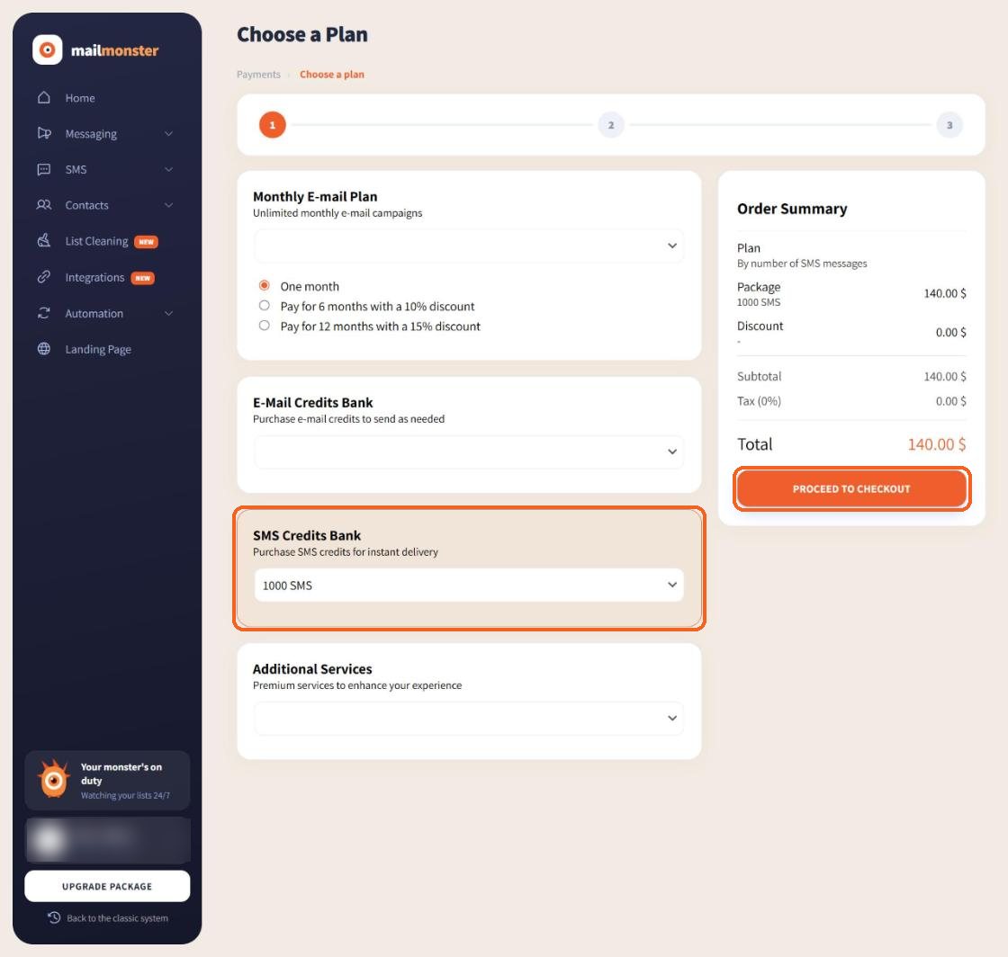 Plan screen with a package selected and the order summary