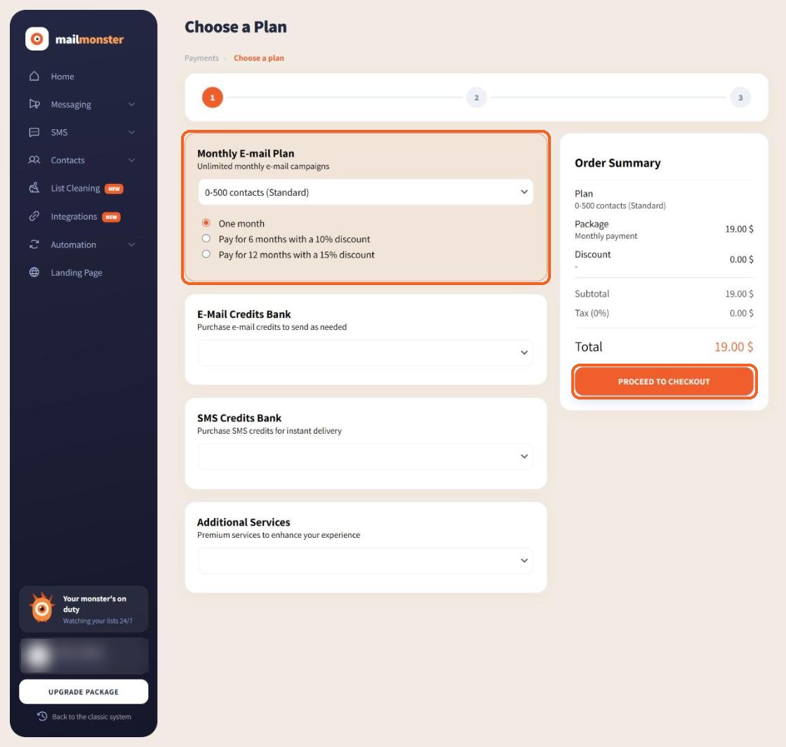 Plan screen with a package selected and the order summary