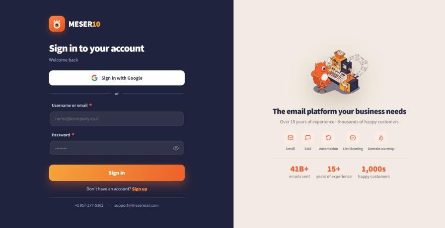 The Meser10 sign-in screen: Google sign-in or username and password